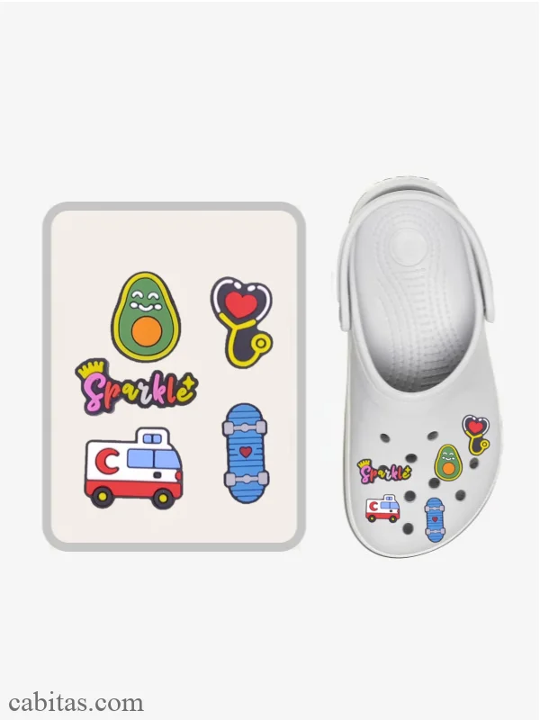 Terlik Süsü Paketi 5'li Jibbitz Eğlenceli Figürler  ( Avokado, Steteskop, Sparkle, Ambulans, Kaykay) - AKS10171